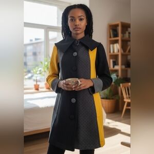 Spanner Vintage Style Wool Stylish Black and Yellow Women's Coat